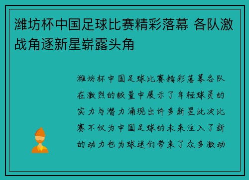 潍坊杯中国足球比赛精彩落幕 各队激战角逐新星崭露头角