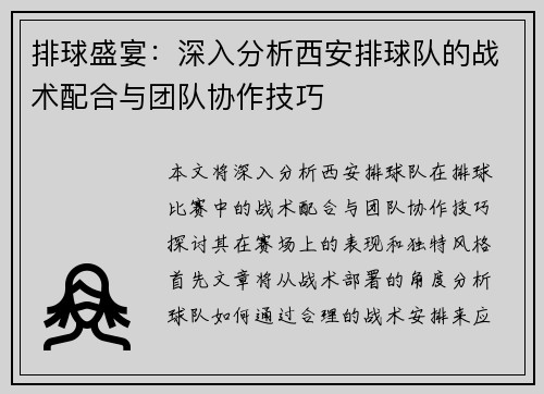 排球盛宴：深入分析西安排球队的战术配合与团队协作技巧